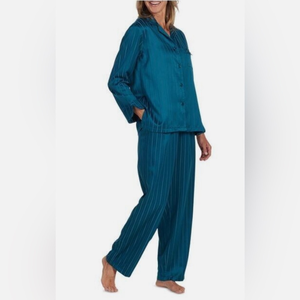 MISS ELAINE 2-Pc Striped Notched-Collar Stylish & Satin Teal PJ Set NWT Small